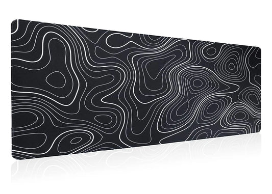 Large Gaming Mouse Pad with Anti-Slip Rubber Base, Desk Pad, Black and White Topography