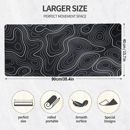 Large Gaming Mouse Pad with Anti-Slip Rubber Base, Desk Pad, Black and White Topography