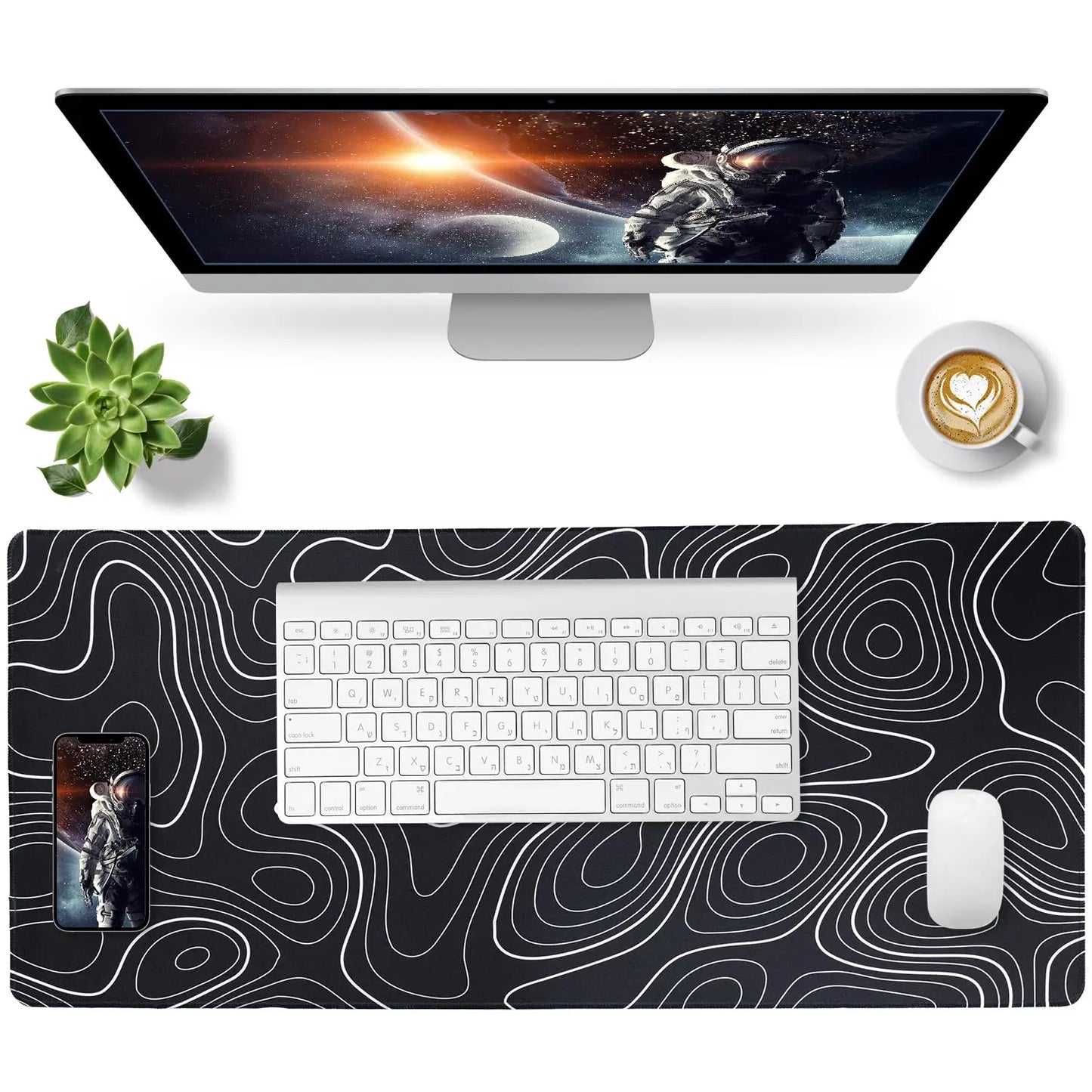 Large Gaming Mouse Pad with Anti-Slip Rubber Base, Desk Pad, Black and White Topography