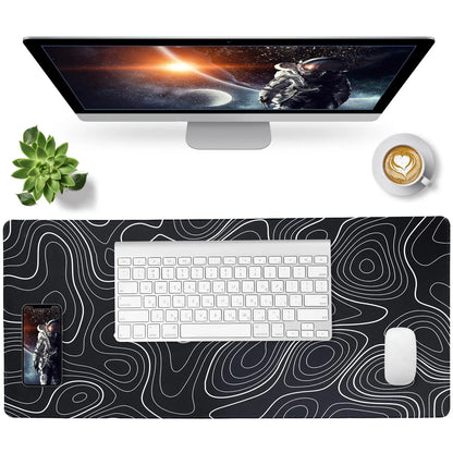 Large Gaming Mouse Pad with Anti-Slip Rubber Base, Desk Pad, Black and White Topography